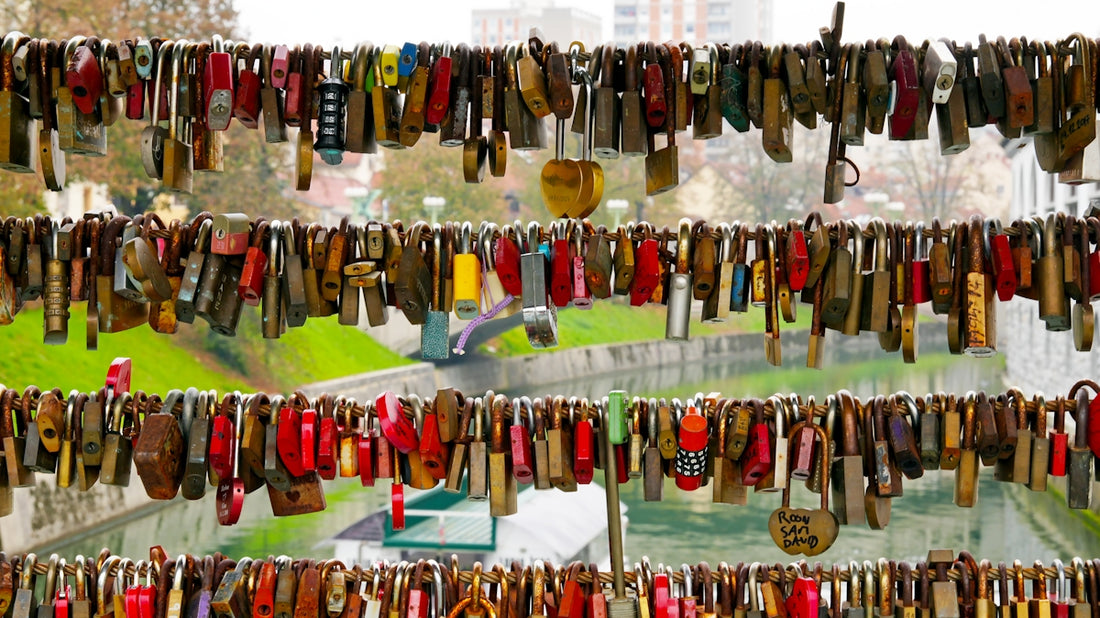 Locks symbolize love and commitment on a bridge.