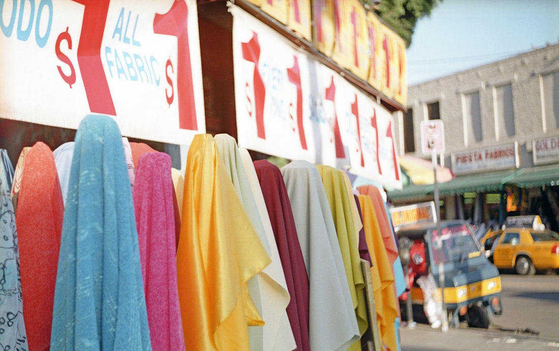 yellow blue and pink textiles