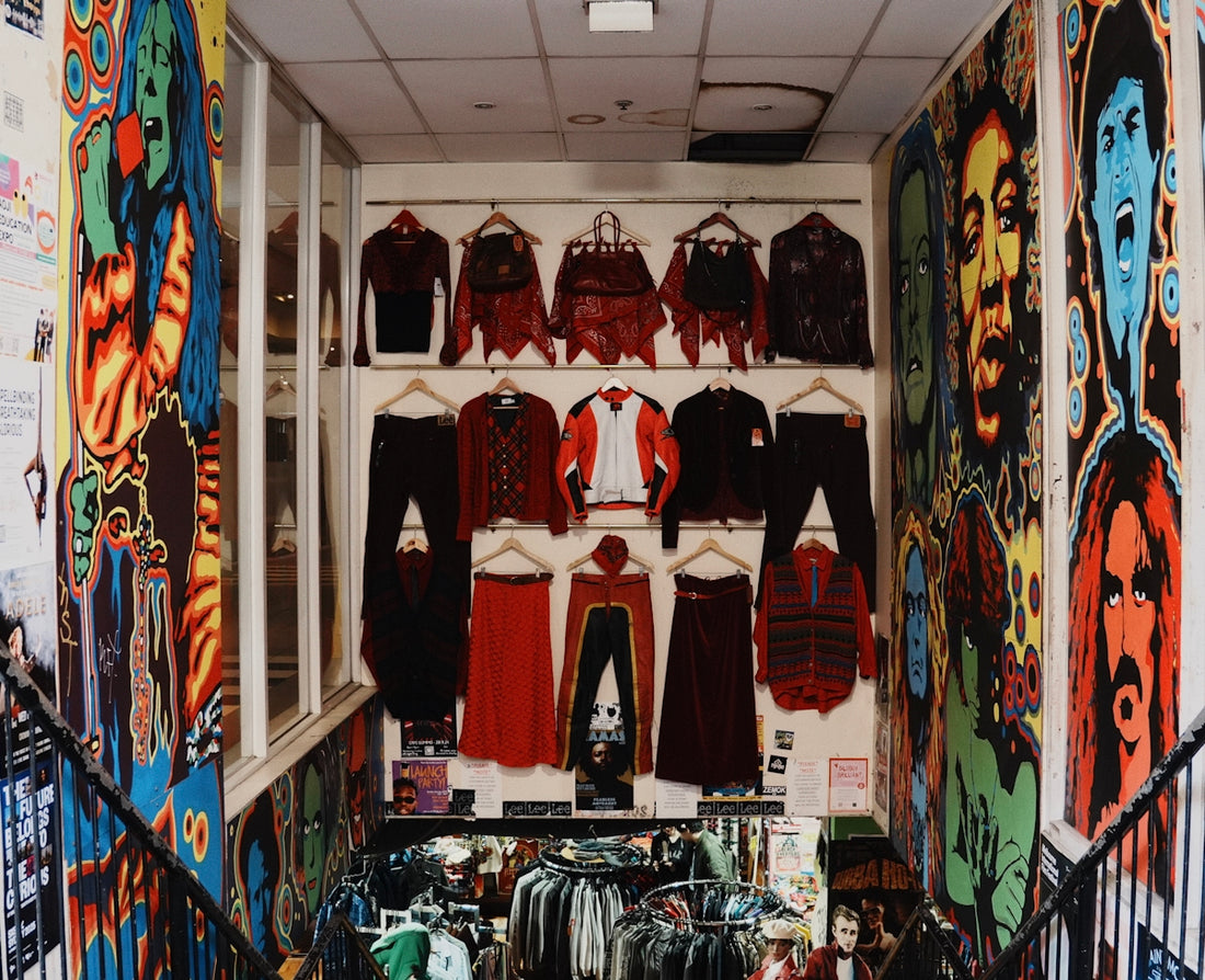 Colorful psychedelic art adorns walls of clothing store