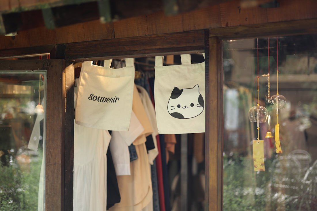 Two tote bags hanging with clothes behind them clothes